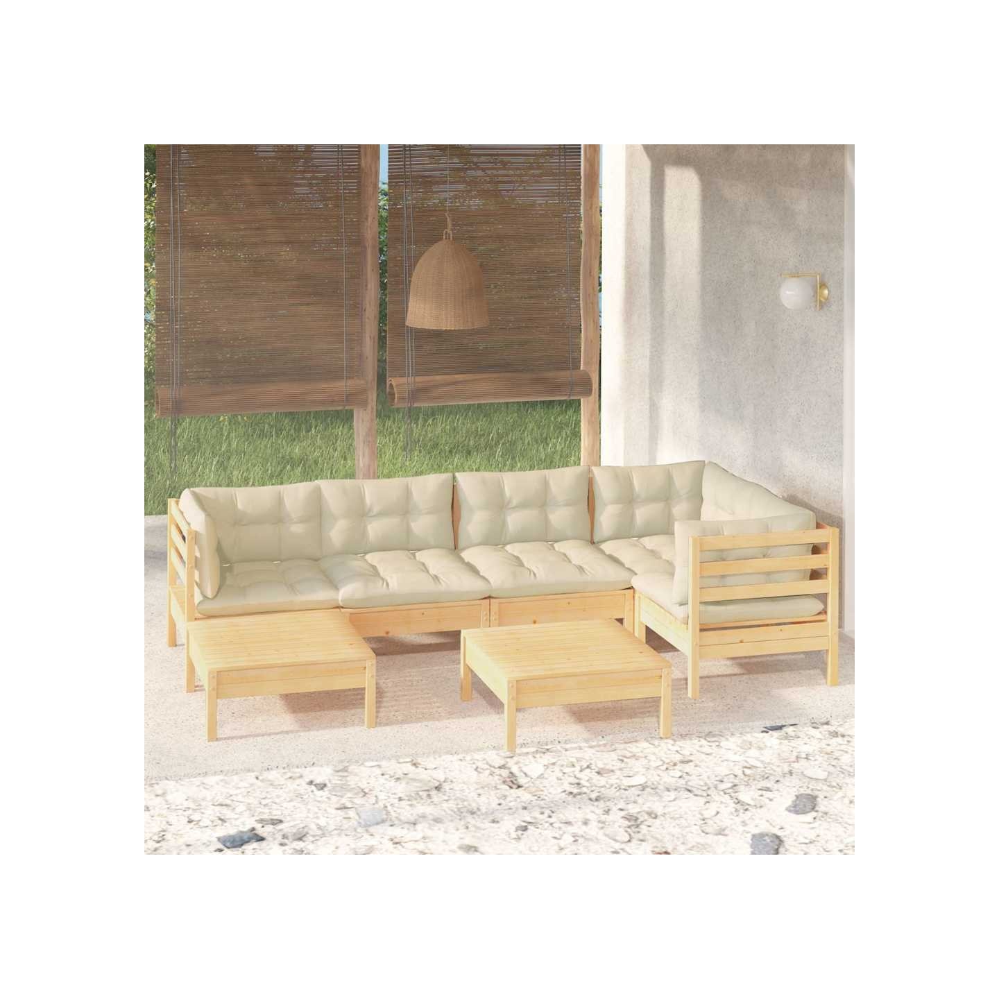 Salon de jardin 7 pcs avec coussins crème bois de pin massif
