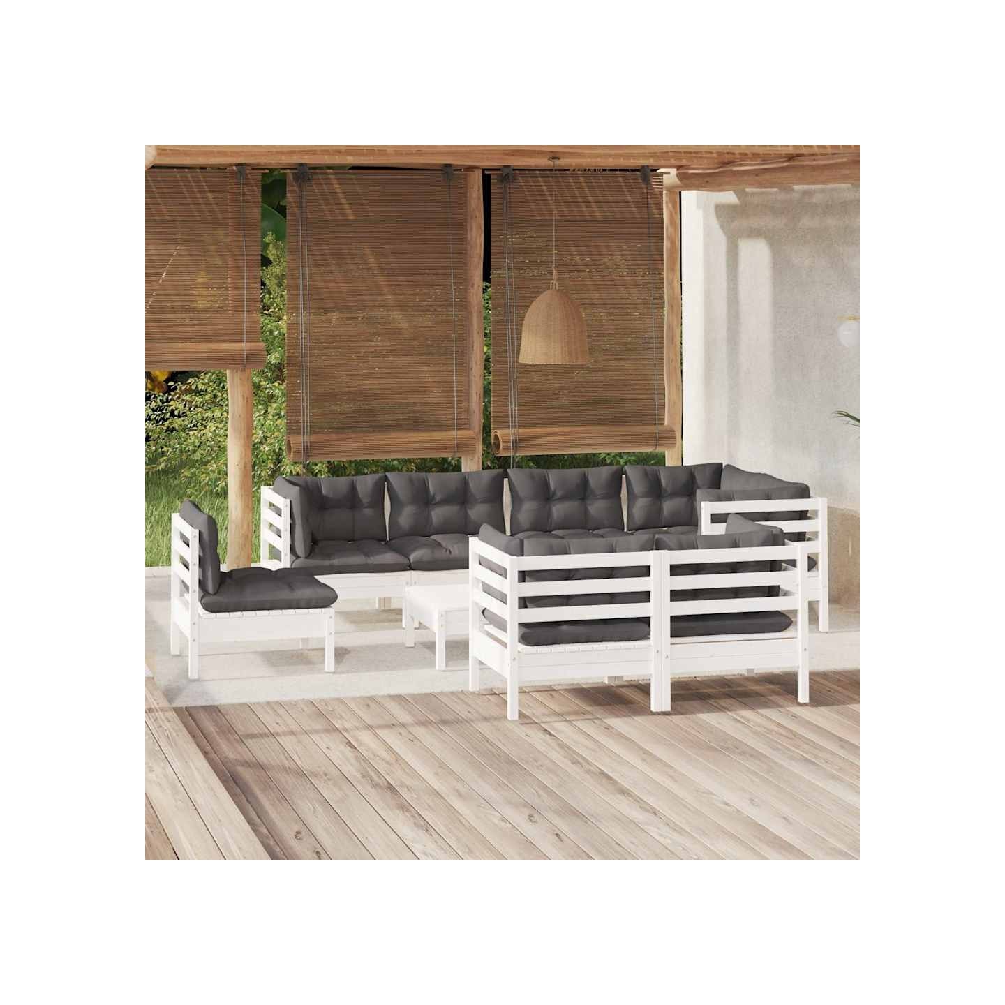 Salon de jardin 9 pcs avec coussins blanc bois de pin massif