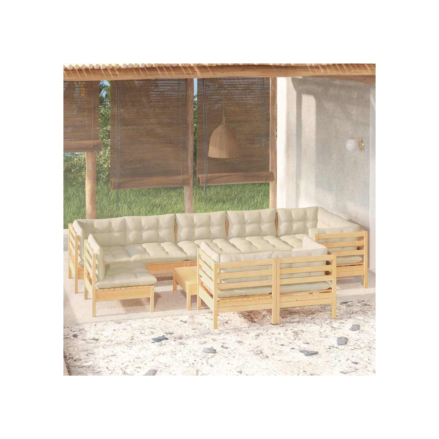 Salon de jardin 10 pcs avec coussins crème bois de pin massif