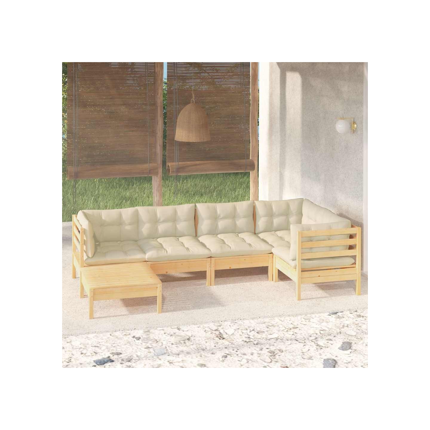 Salon de jardin 6 pcs avec coussins crème Bois de pin massif