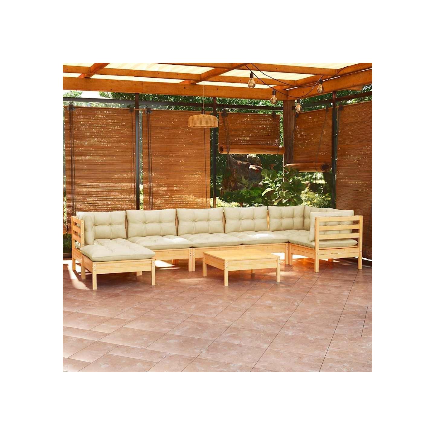 Salon de jardin 8 pcs avec coussins crème Bois de pin massif