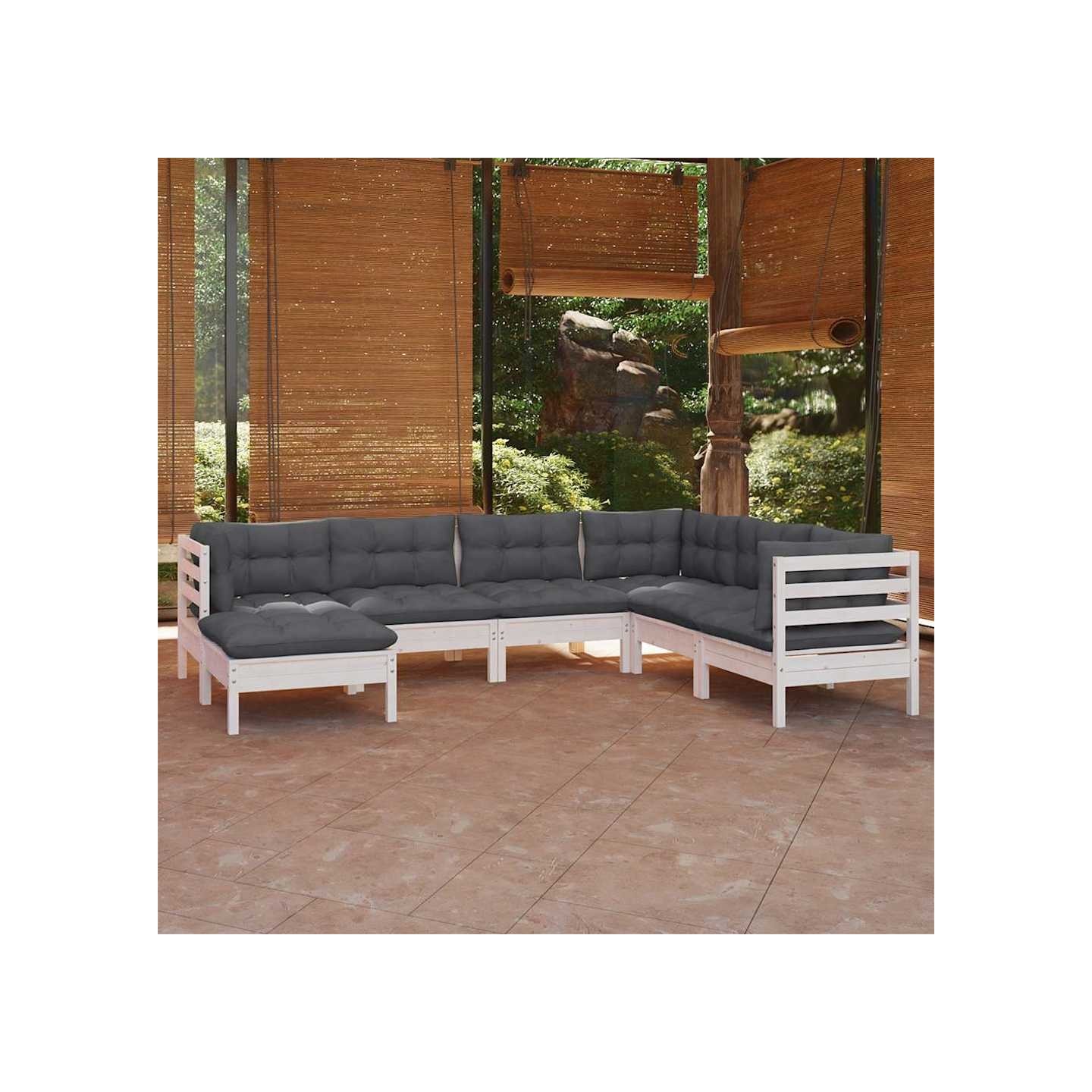 Salon de jardin 7 pcs avec coussins blanc bois de pin massif