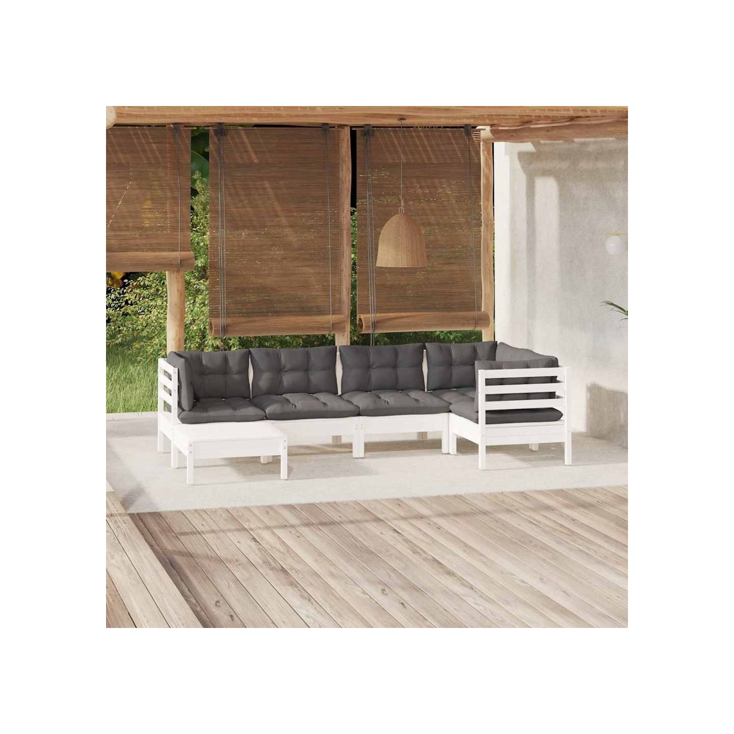 Salon de jardin 6 pcs avec coussins blanc bois de pin massif
