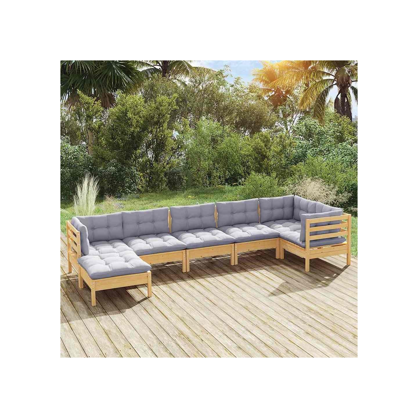 Salon de jardin 7 pcs avec coussins gris bois de pin massif