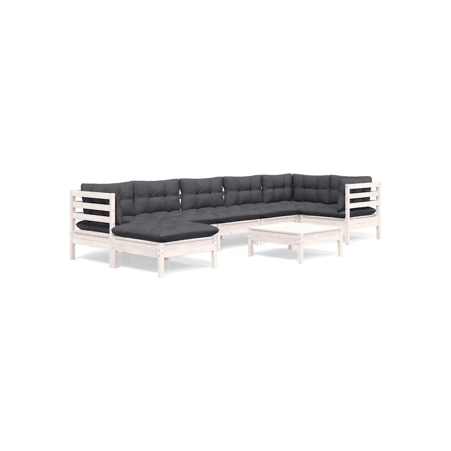 Salon de jardin 8 pcs avec coussins blanc bois de pin massif