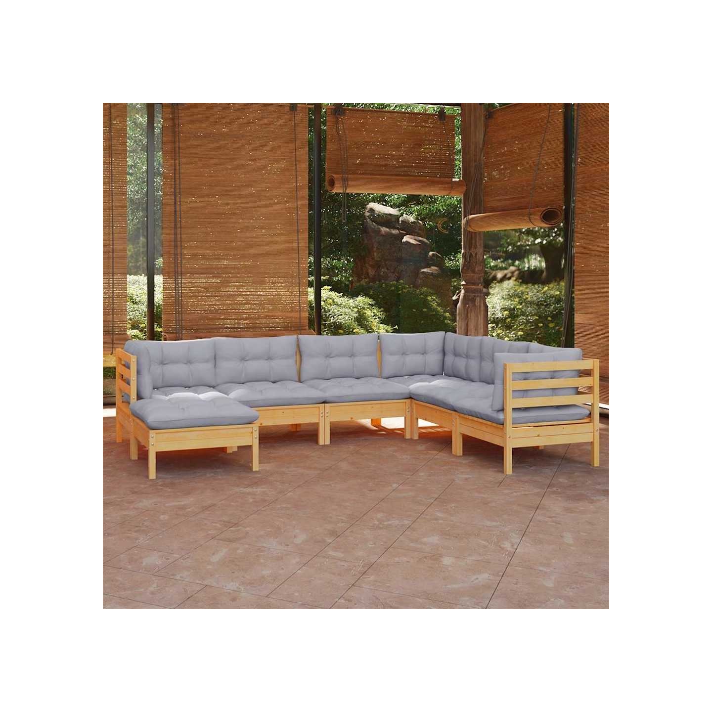 Salon de jardin 7 pcs avec coussins gris bois de pin massif