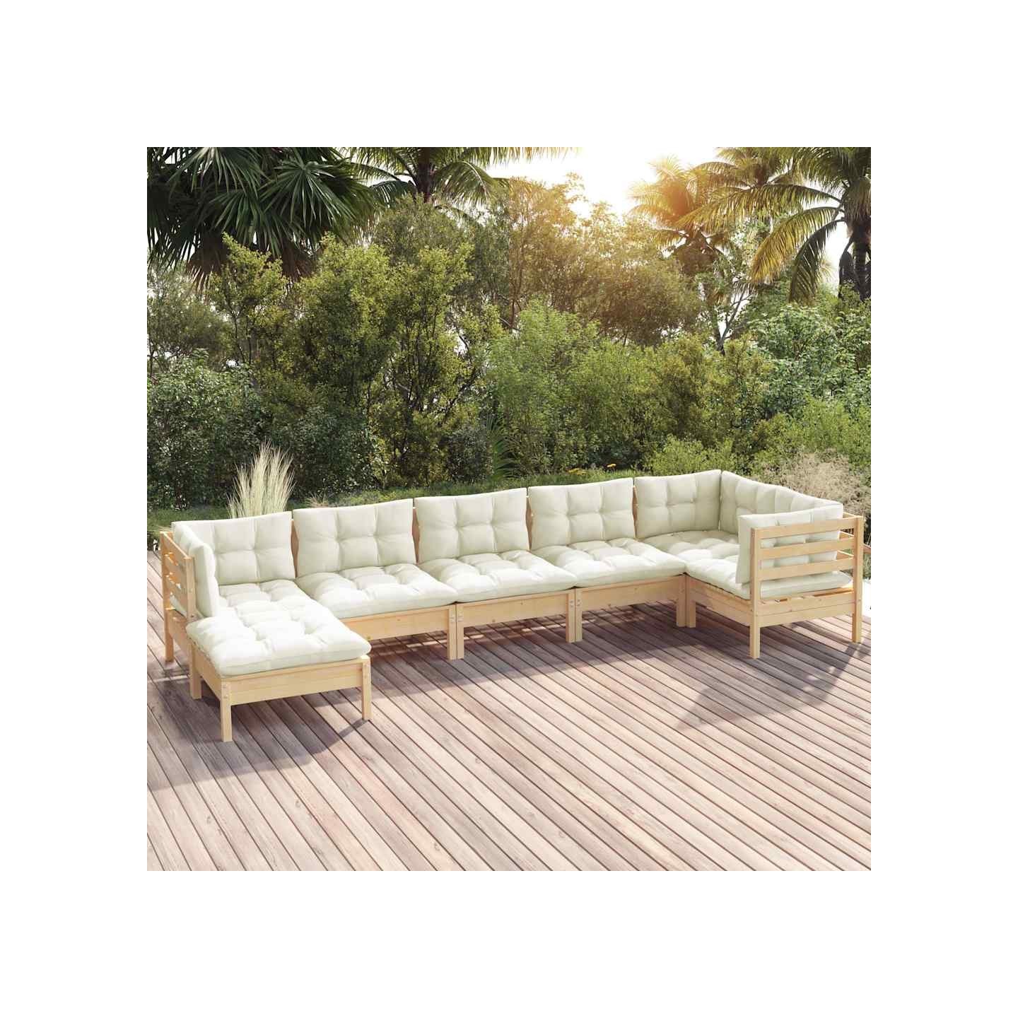 Salon de jardin 7 pcs avec coussins crème bois de pin massif