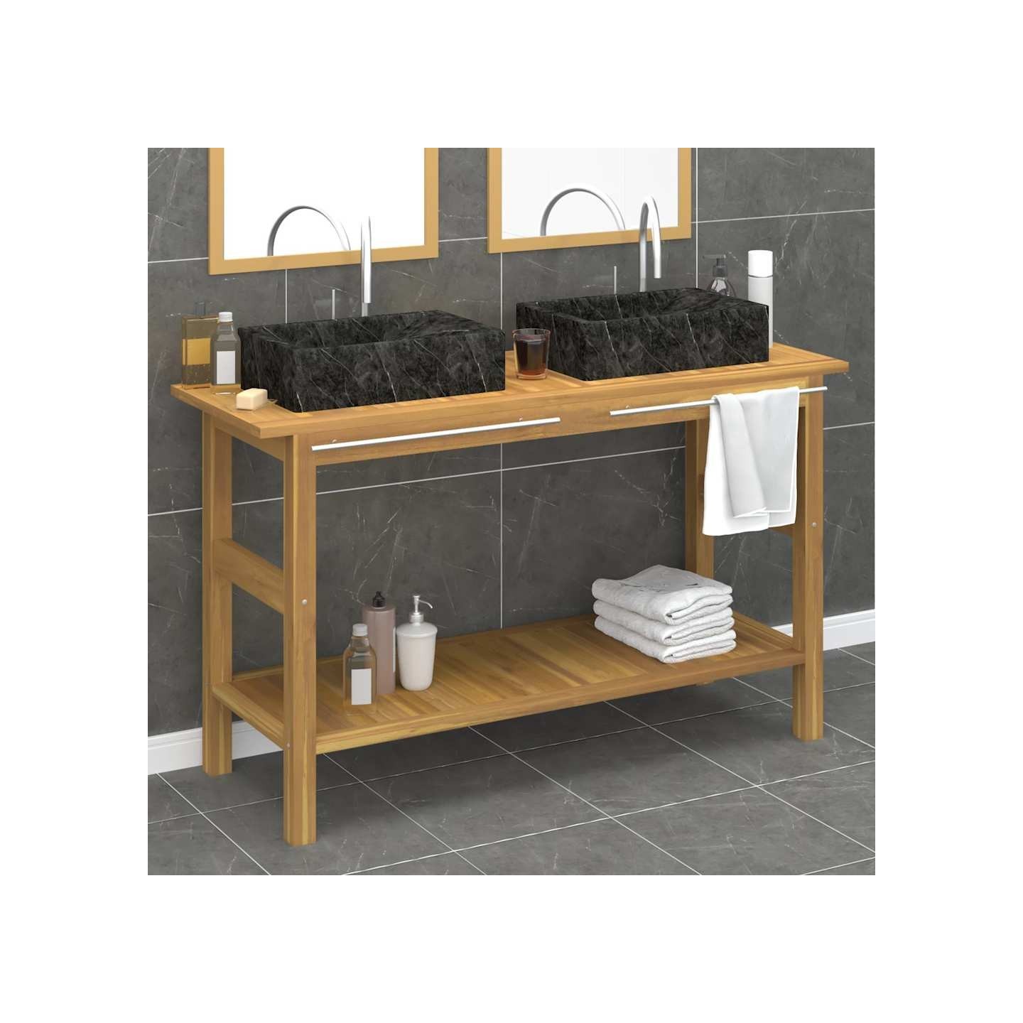 Armoire de salle de bain et lavabos en marbre noir Teck massif