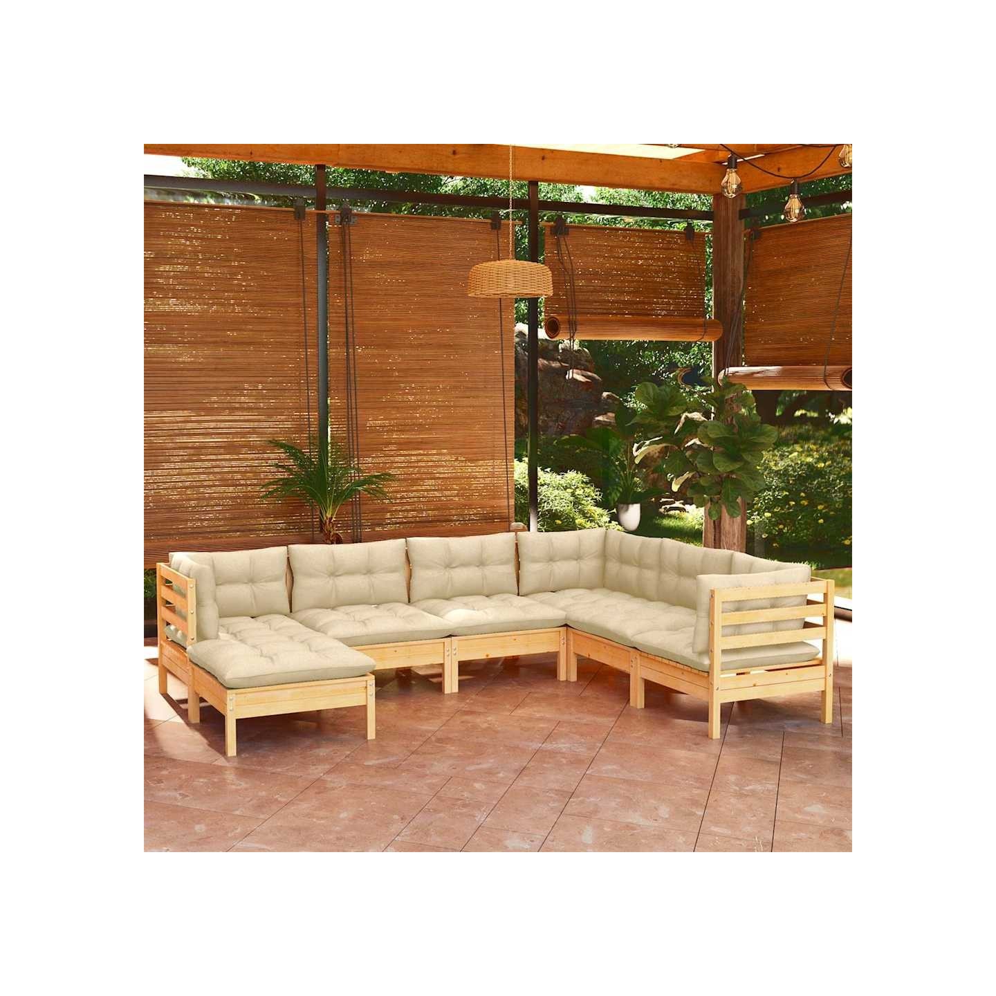 Salon de jardin 7 pcs avec coussins crème bois de pin massif