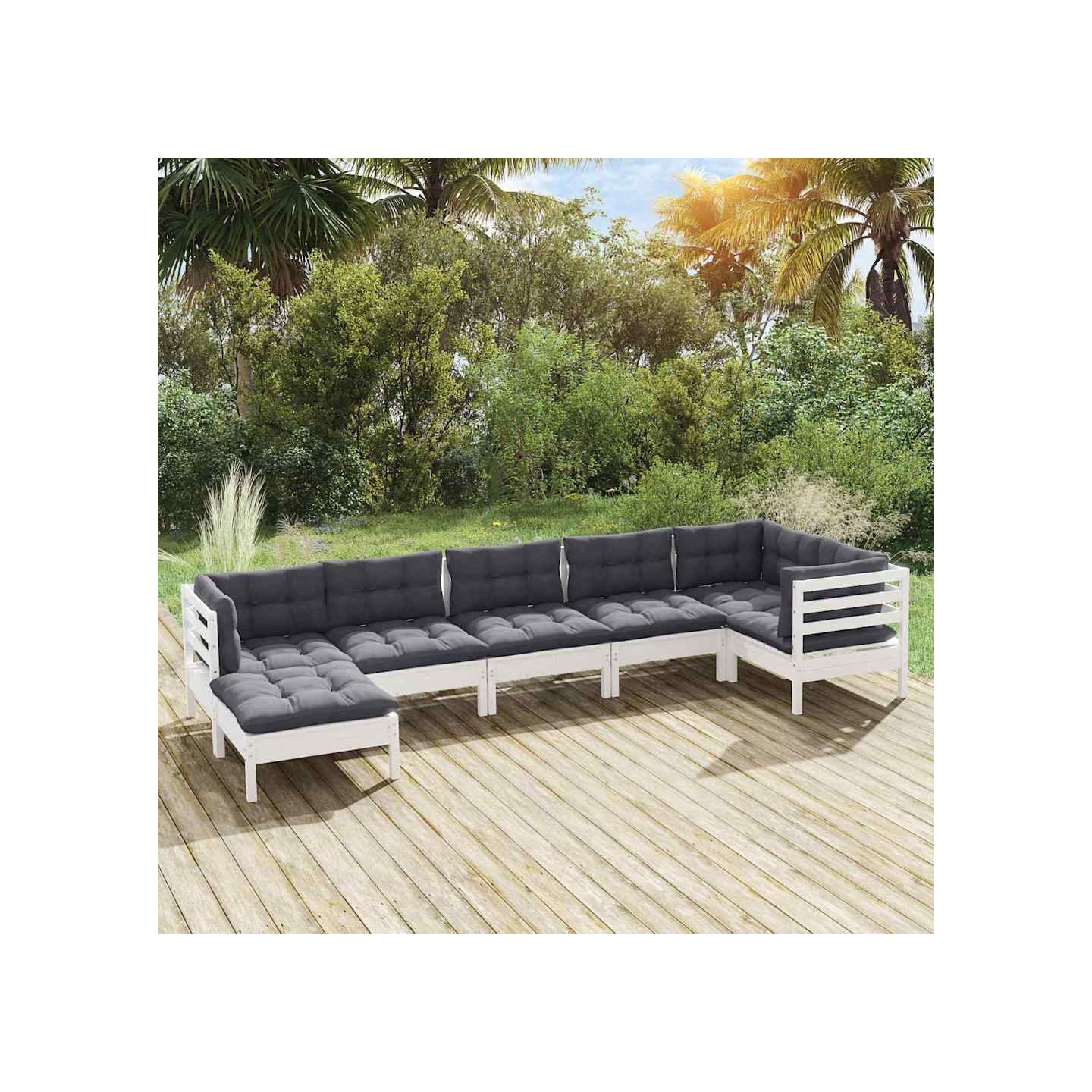 Salon de jardin 7 pcs avec coussins blanc bois de pin massif