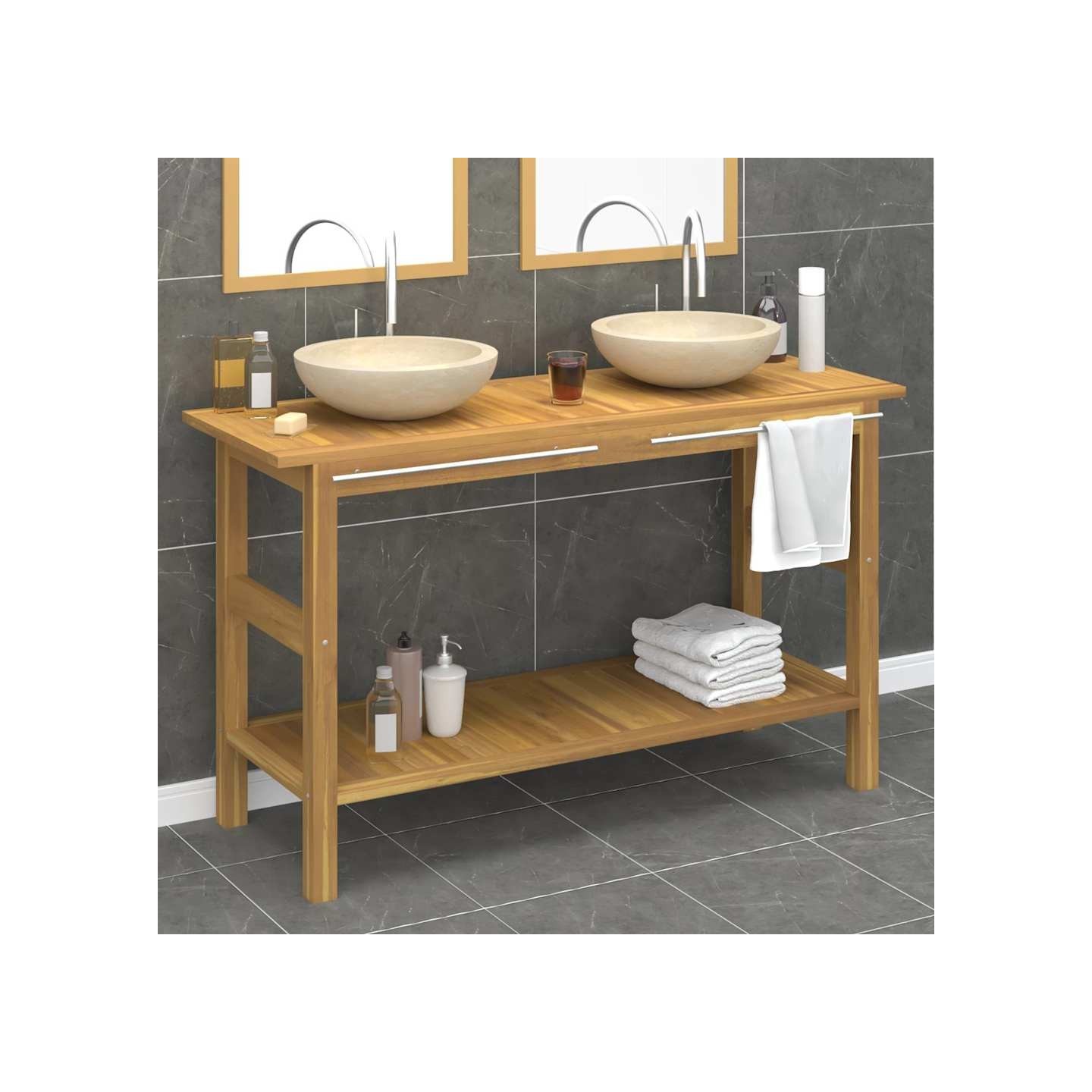 Armoire de salle de bain et lavabos en marbre crème Teck massif