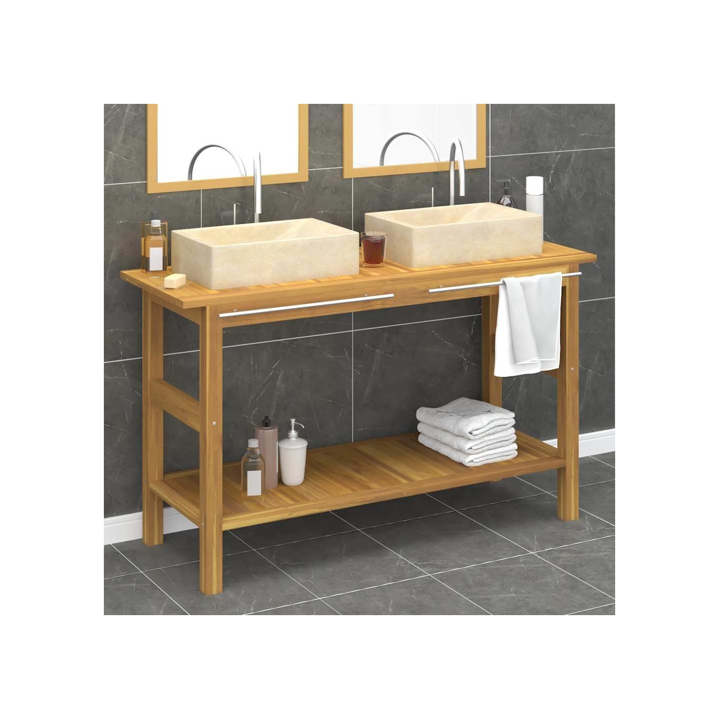 Armoire de salle de bain et lavabos en marbre crème Teck massif