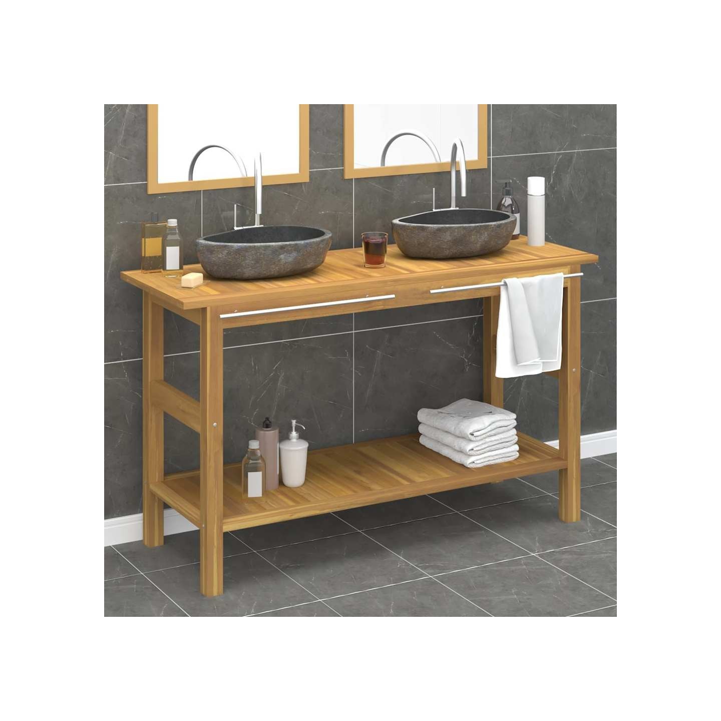 Armoire de salle de bain et lavabos en pierre Teck massif