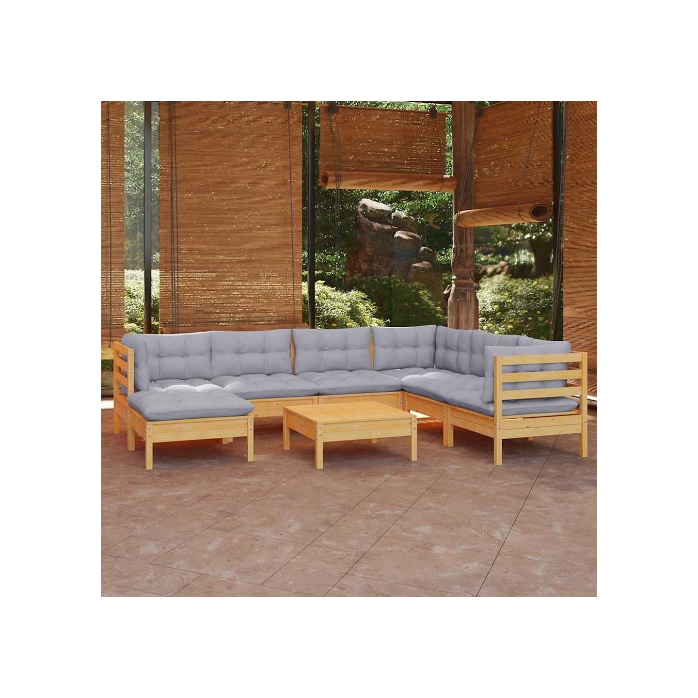 Salon de jardin 8 pcs avec coussins gris Bois de pin massif