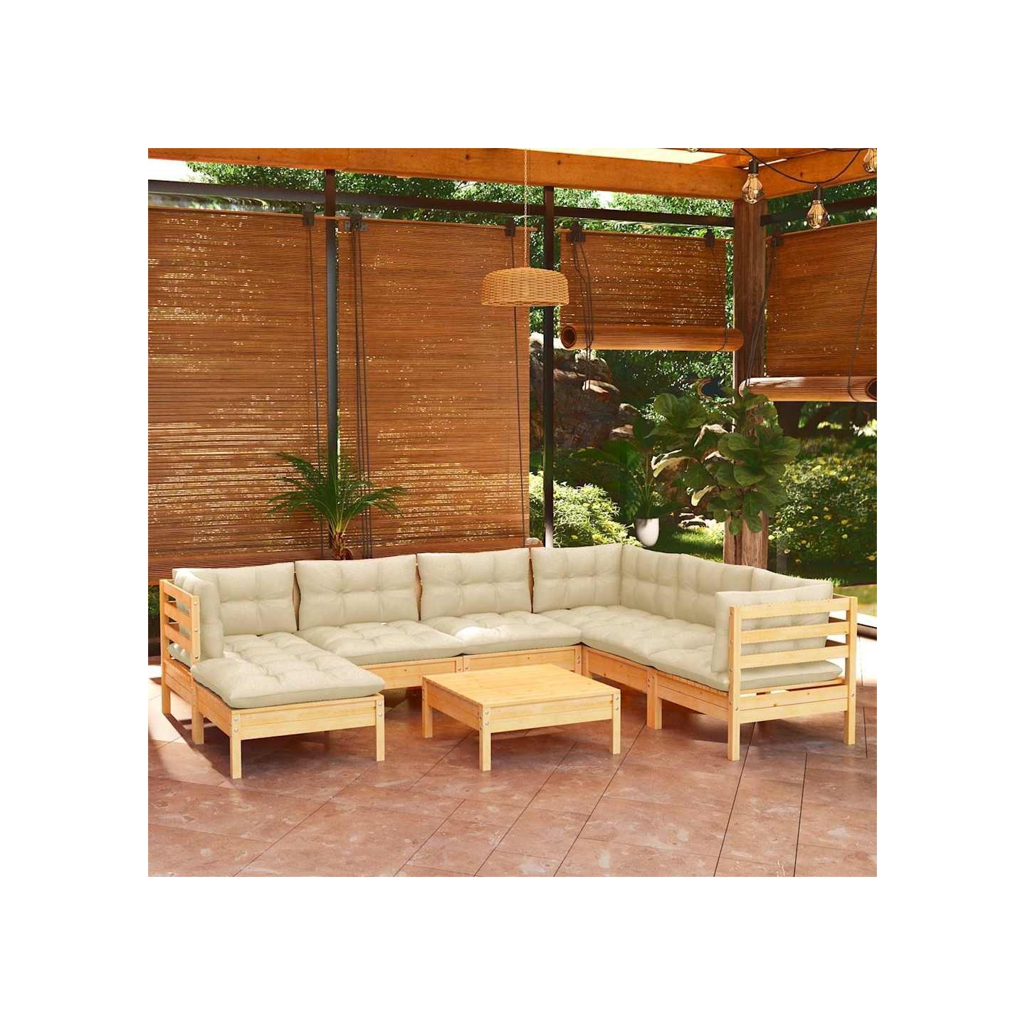 Salon de jardin 8 pcs avec coussins crème Bois de pin massif