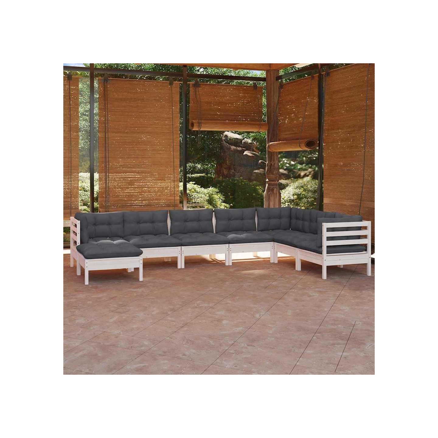 Salon de jardin 8 pcs avec coussins blanc bois de pin massif
