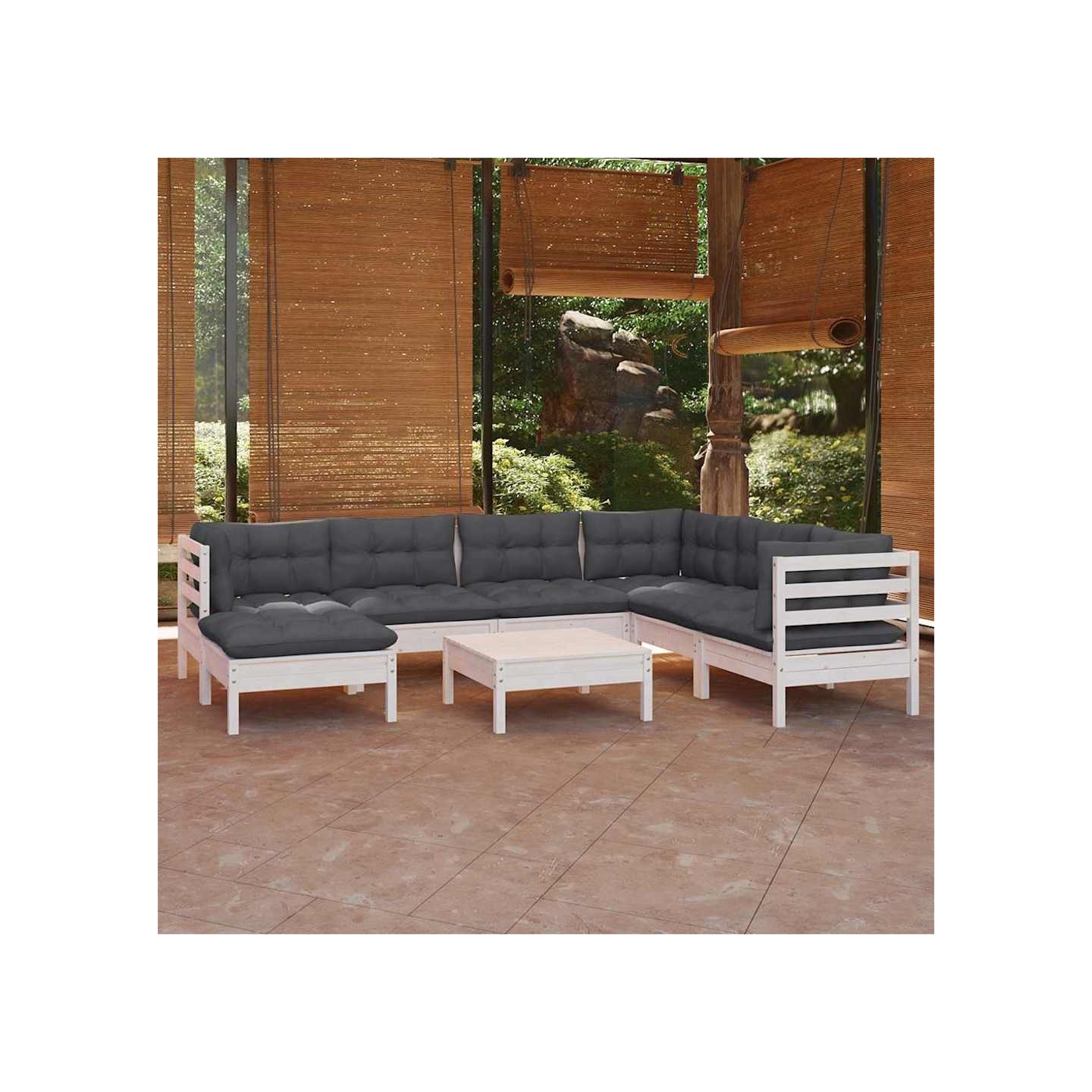 Salon de jardin 8 pcs avec coussins blanc bois de pin massif