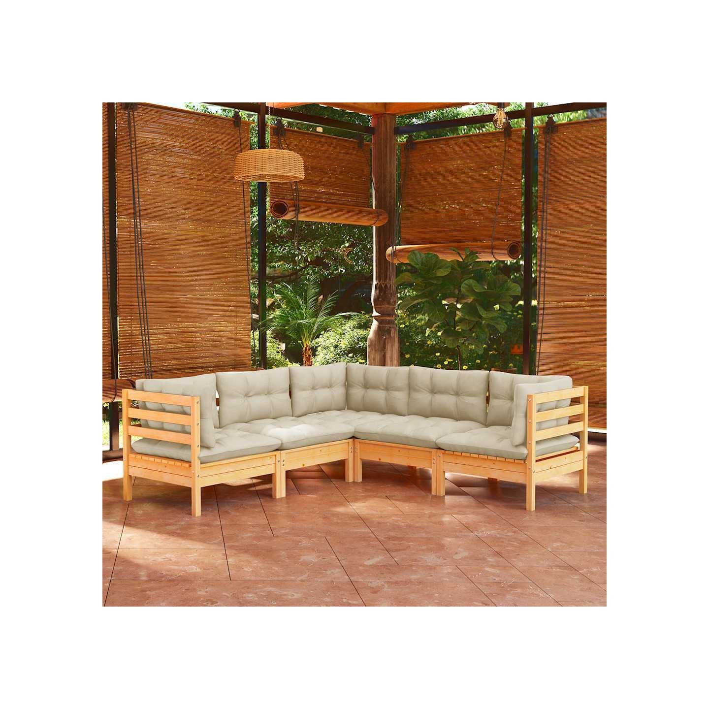 Salon de jardin 5 pcs avec coussins crème bois de pin massif