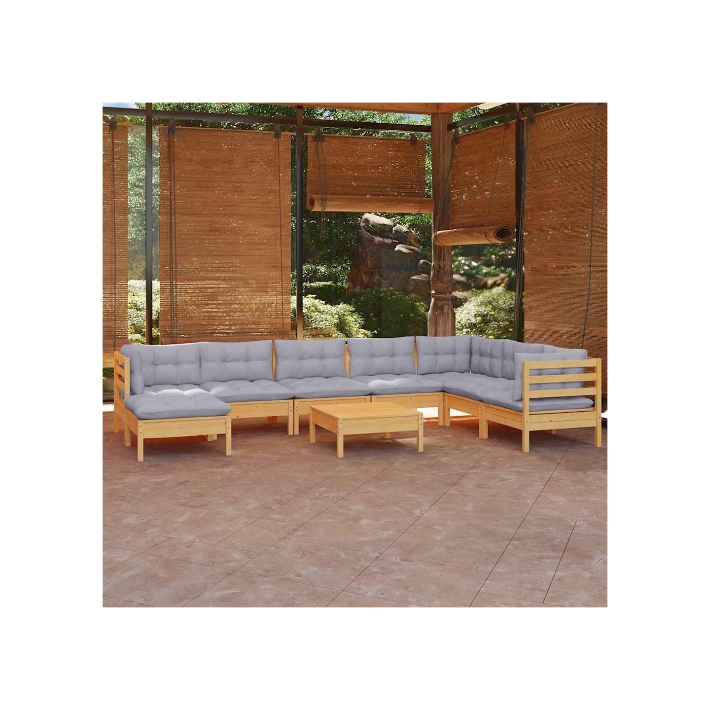 Salon de jardin 9 pcs avec coussins gris bois de pin massif