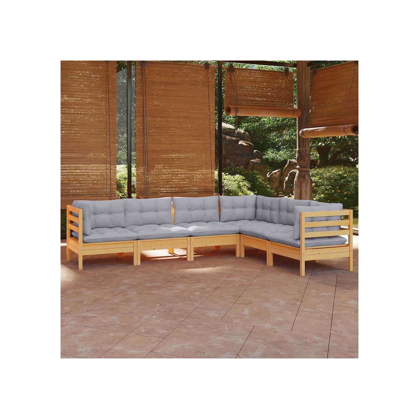 Salon de jardin 6 pcs avec coussins gris Bois de pin massif