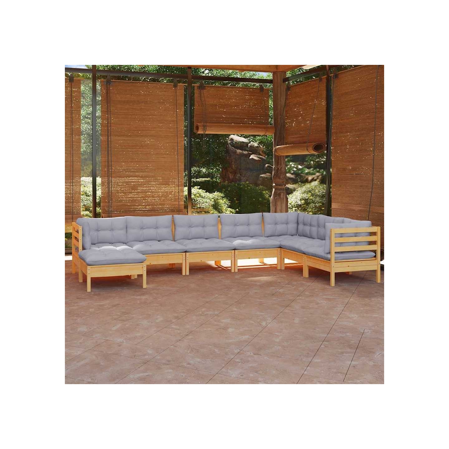Salon de jardin 8 pcs avec coussins gris Bois de pin massif