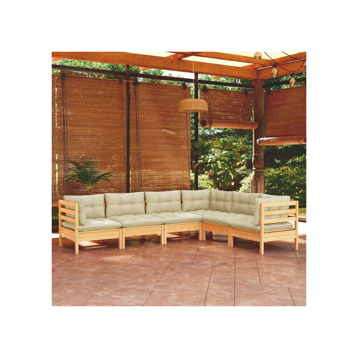 Salon de jardin 6 pcs avec coussins crème Bois de pin massif
