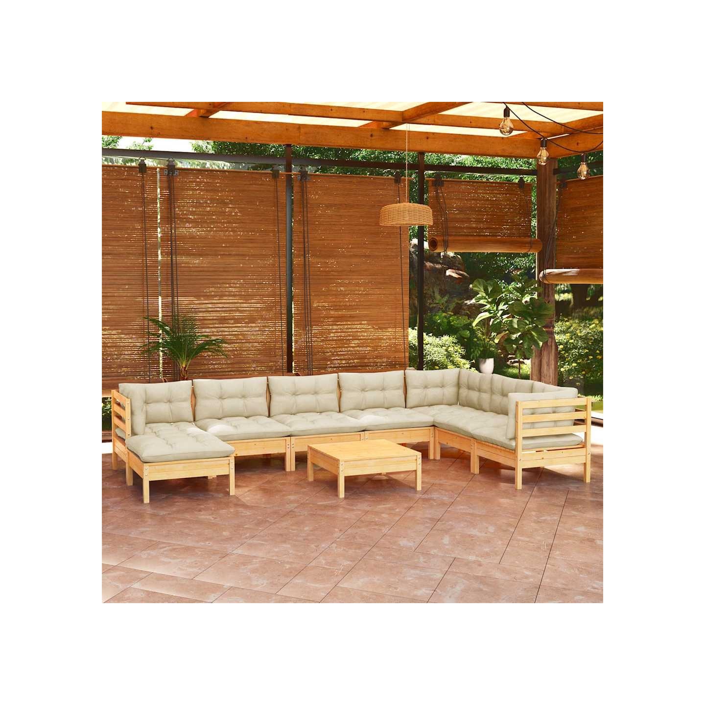 Salon de jardin 9 pcs avec coussins crème bois de pin massif