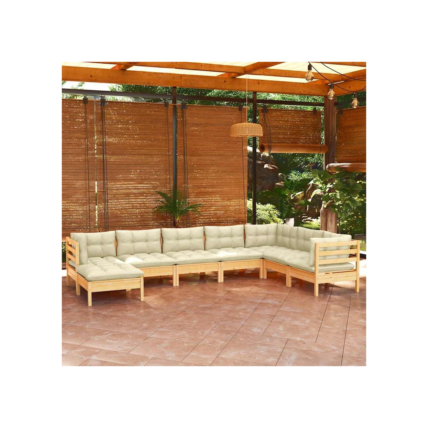 Salon de jardin 8 pcs avec coussins crème Bois de pin massif
