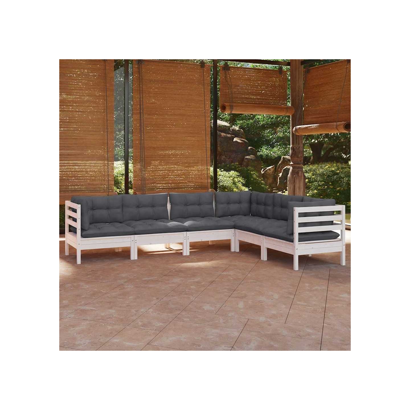 Salon de jardin 6 pcs avec coussins blanc bois de pin massif