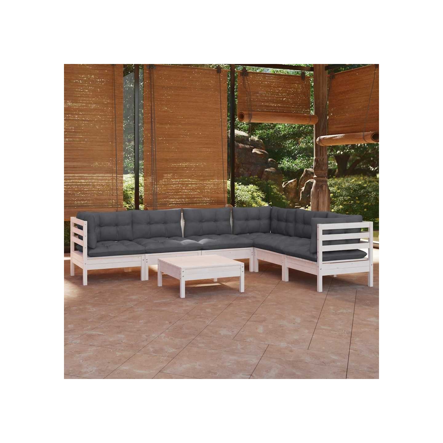 Salon de jardin 7 pcs avec coussins blanc bois de pin massif