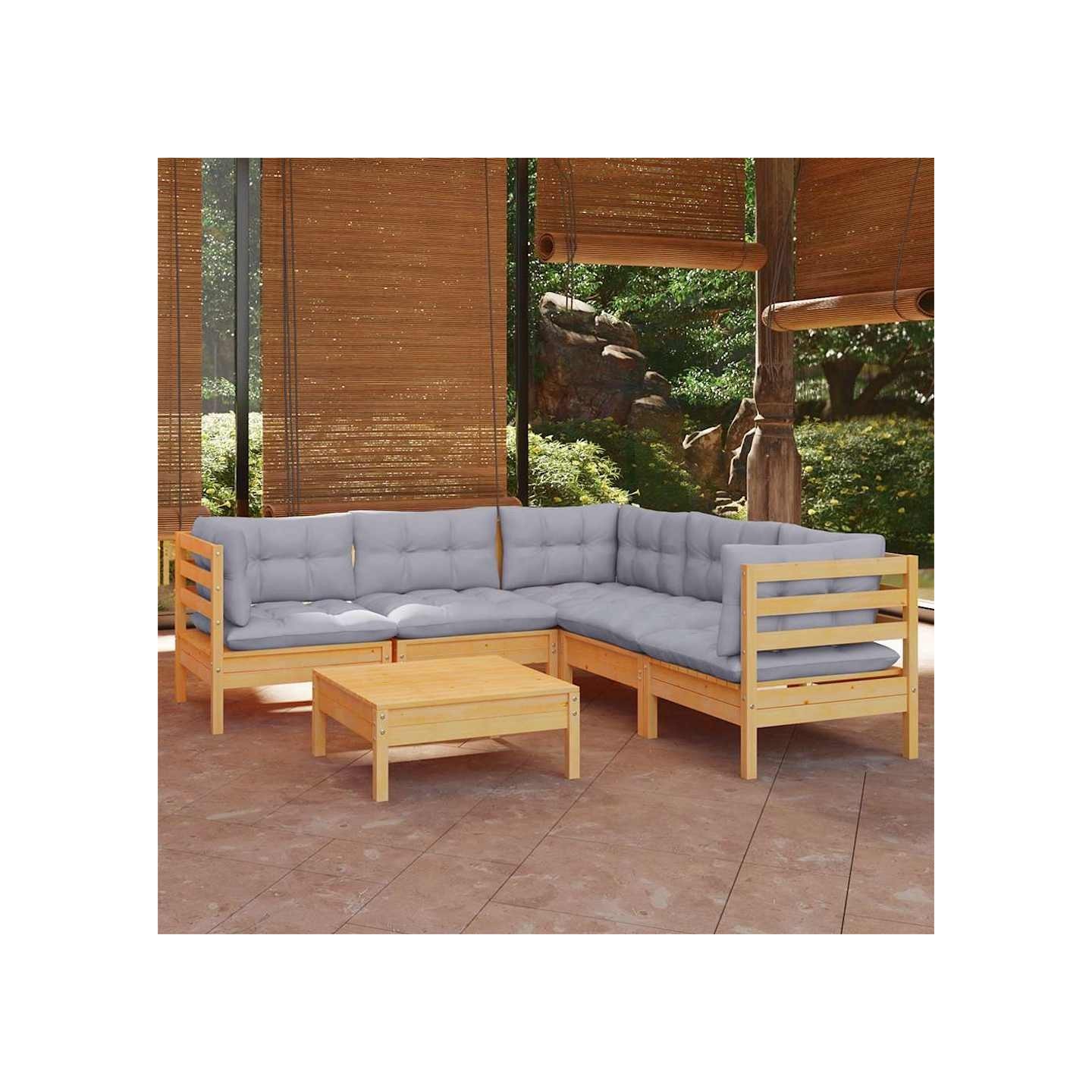 Salon de jardin 6 pcs avec coussins gris Bois de pin massif