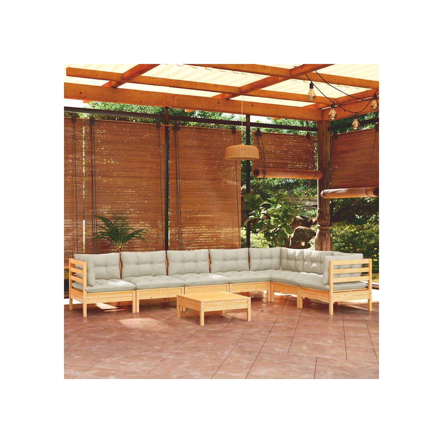 Salon de jardin 8 pcs avec coussins crème Bois de pin massif