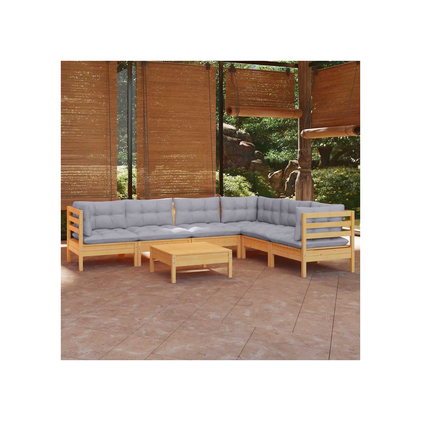Salon de jardin 7 pcs avec coussins gris bois de pin massif