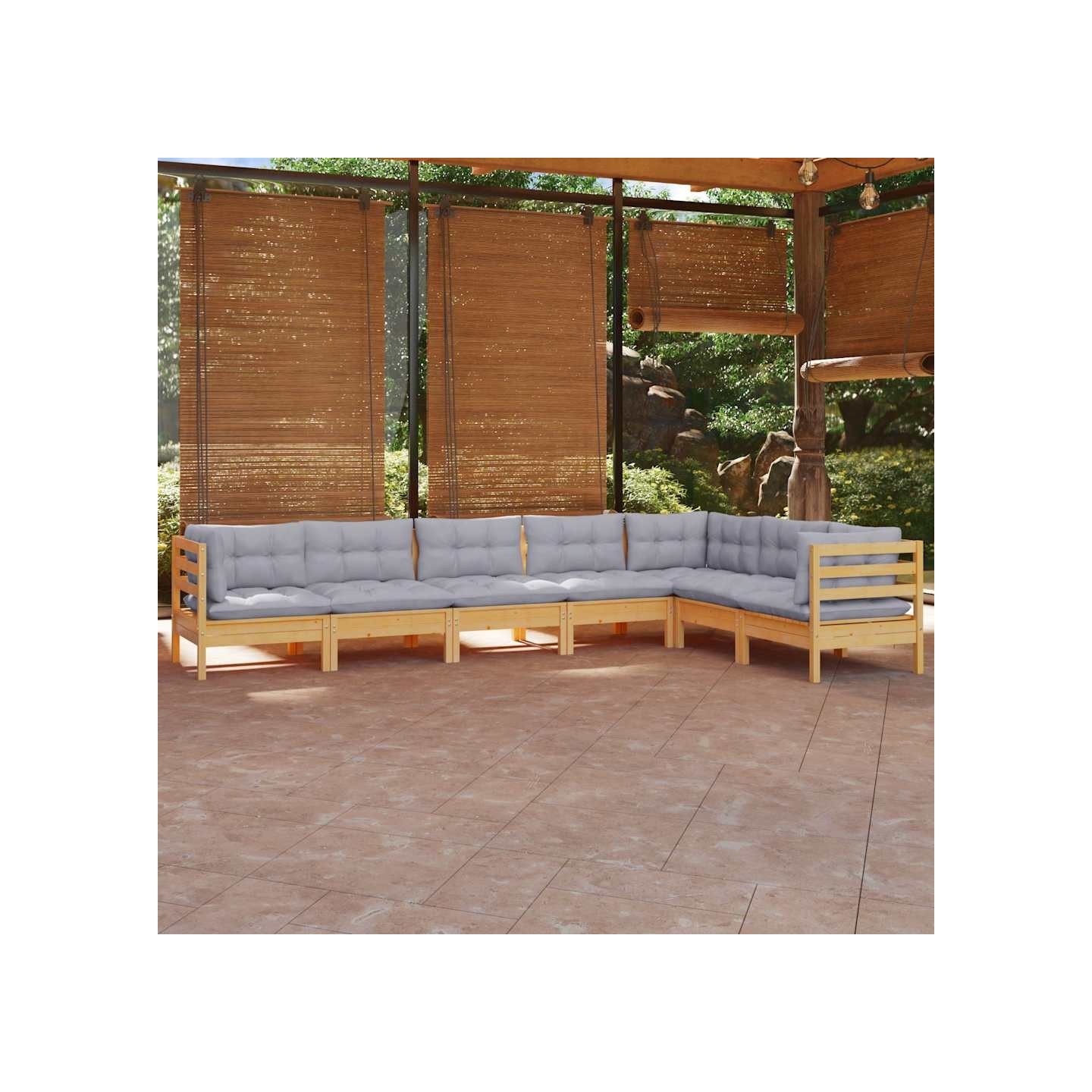 Salon de jardin 7 pcs avec coussins gris bois de pin massif