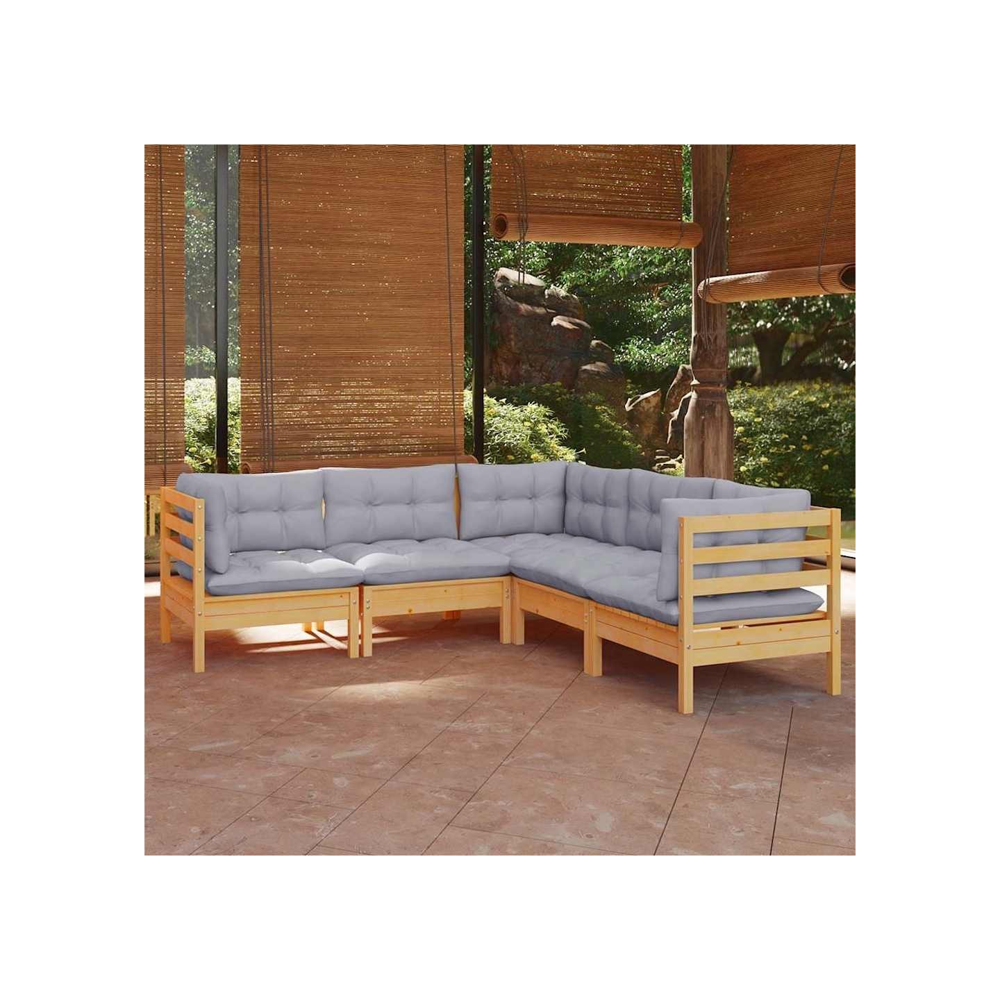 Salon de jardin 5 pcs avec coussins gris bois de pin massif