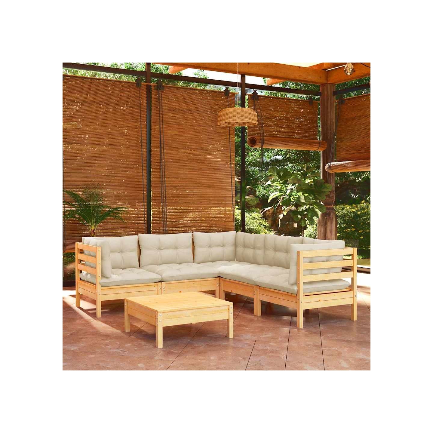 Salon de jardin 6 pcs avec coussins crème Bois de pin massif