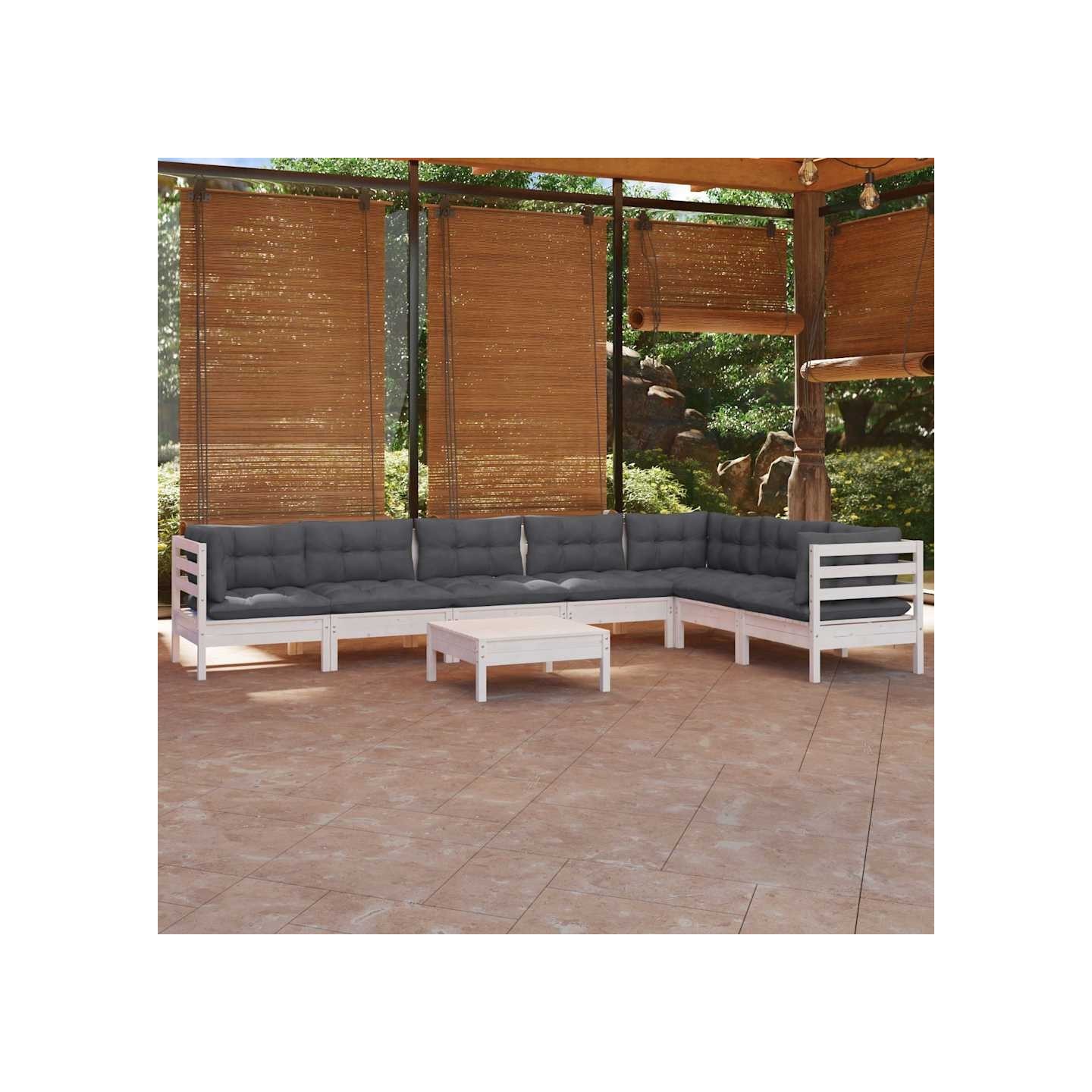 Salon de jardin 8 pcs avec coussins blanc bois de pin massif