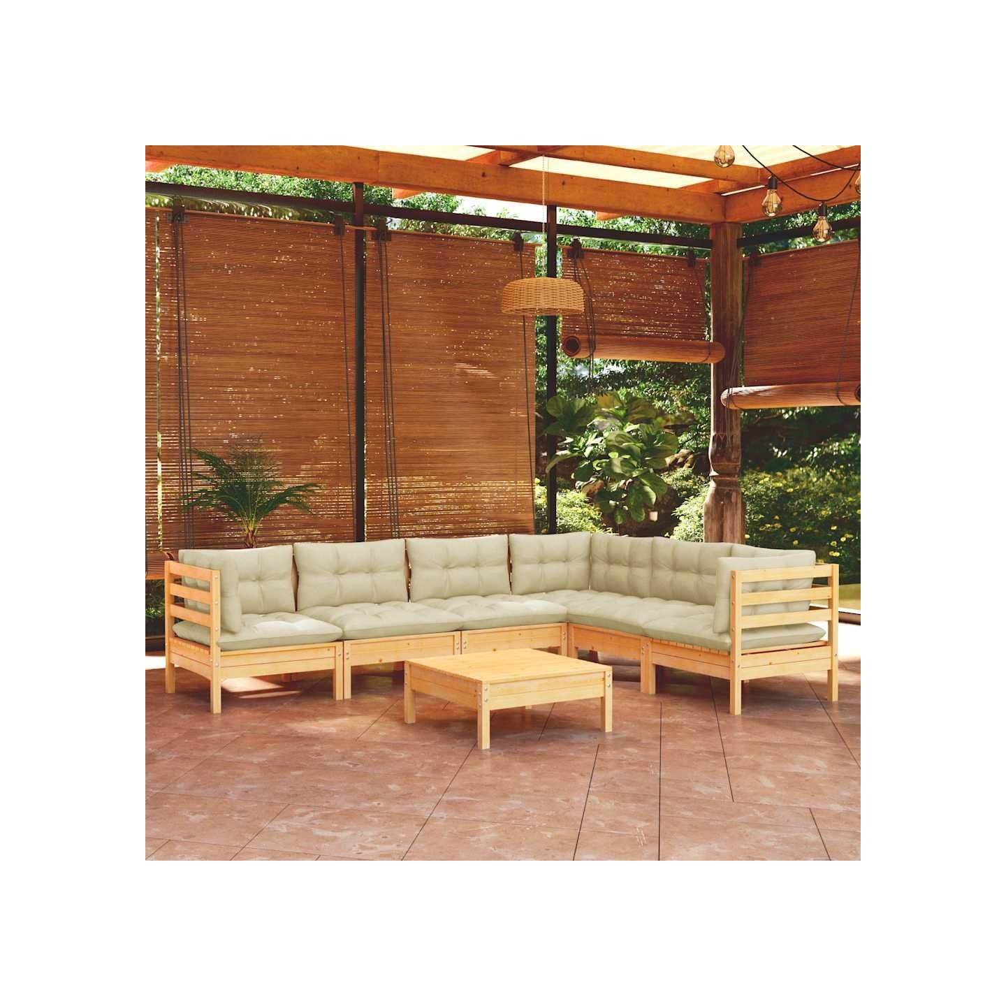 Salon de jardin 7 pcs avec coussins crème bois de pin massif