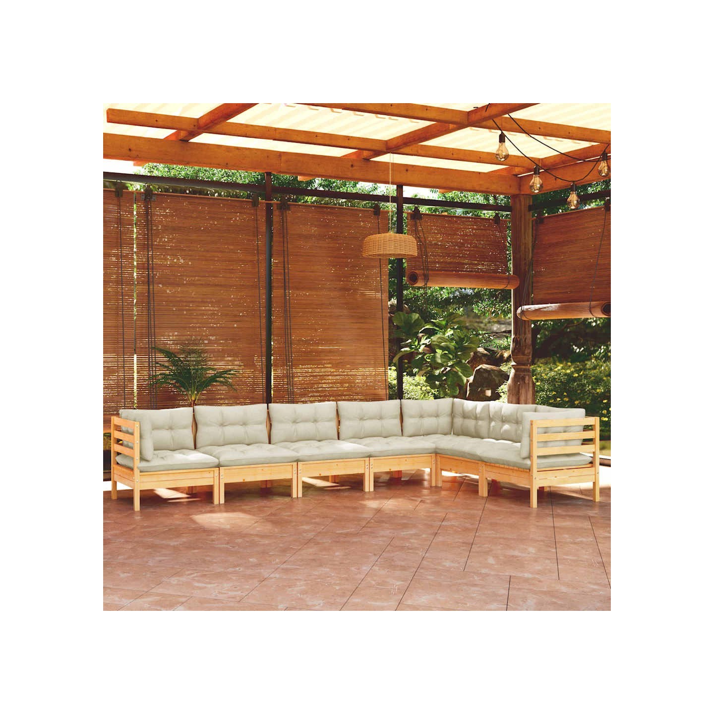 Salon de jardin 7 pcs avec coussins crème bois de pin massif