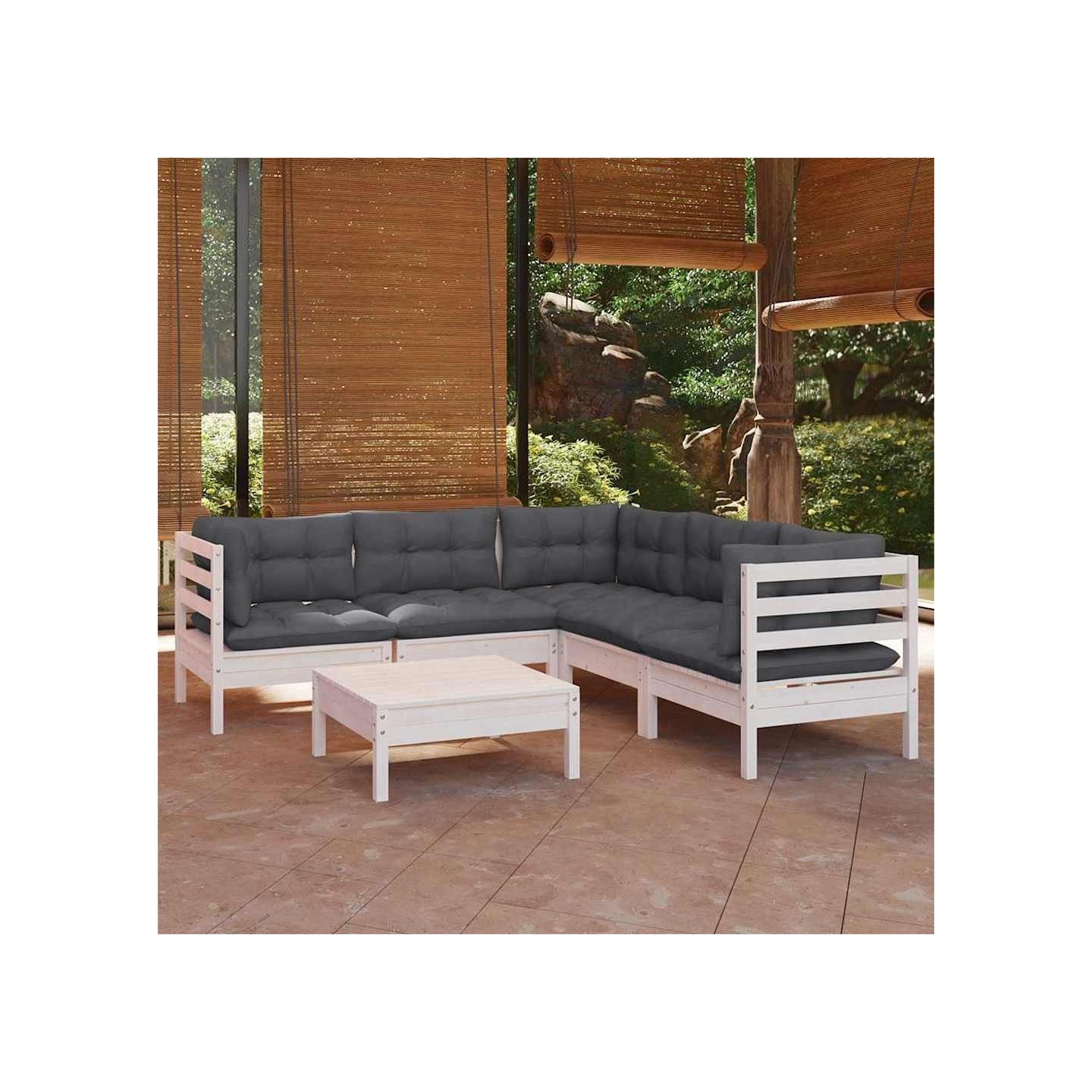 Salon de jardin 6 pcs avec coussins blanc bois de pin massif