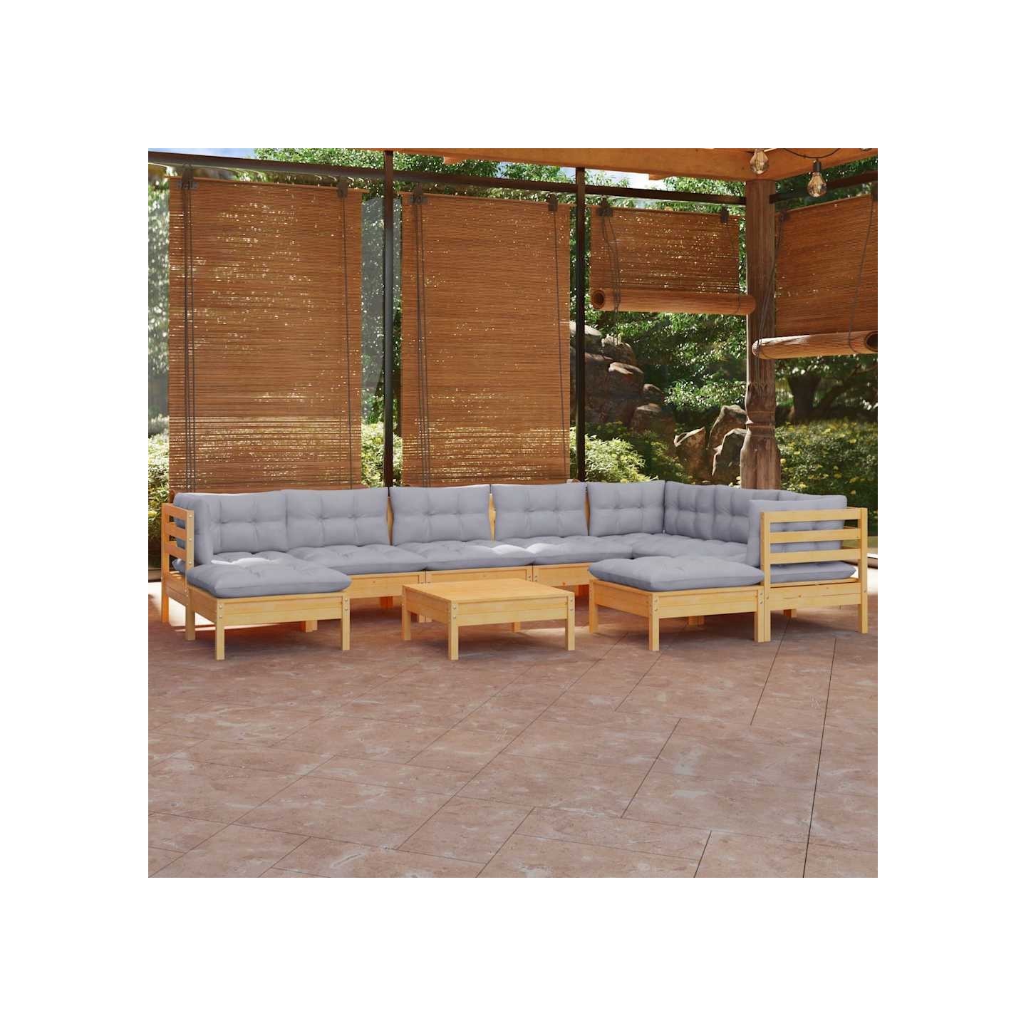 Salon de jardin 10 pcs avec coussins gris bois de pin massif