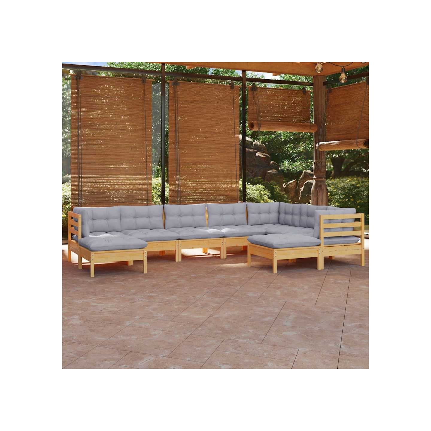 Salon de jardin 9 pcs avec coussins gris bois de pin massif