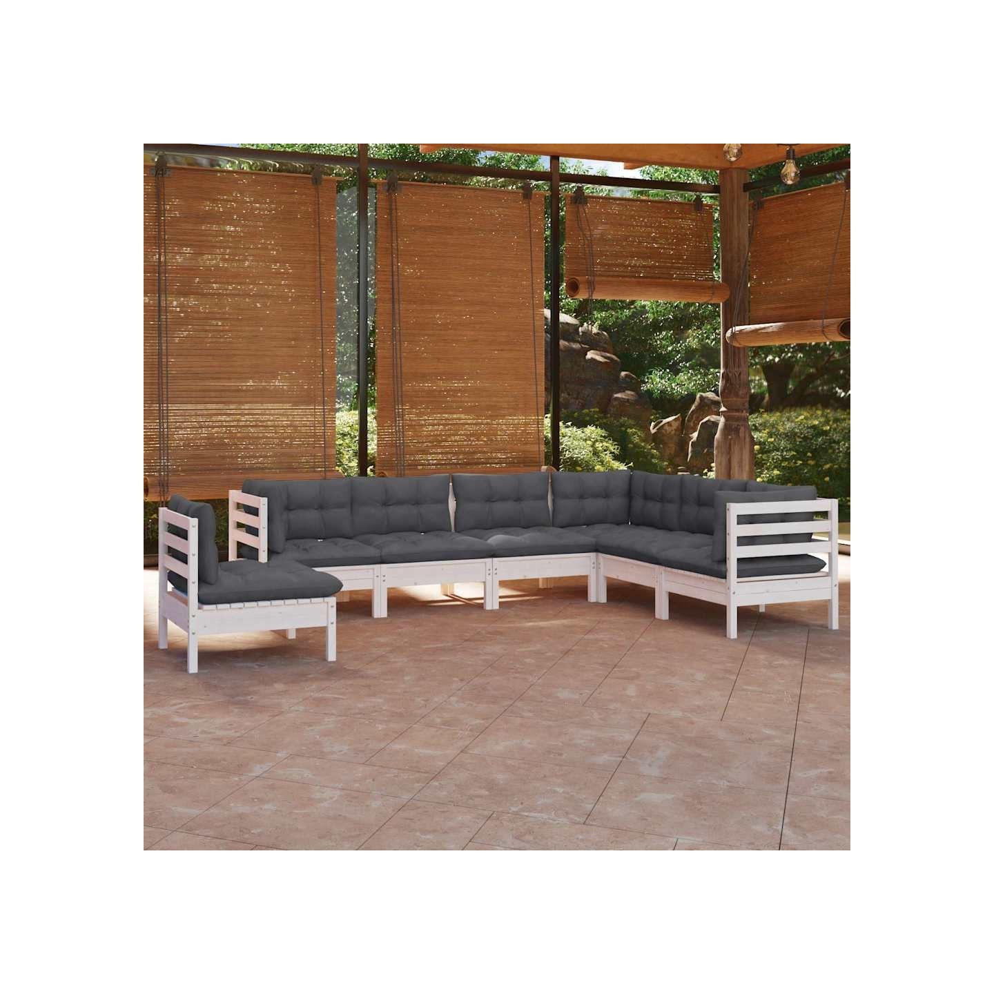 Salon de jardin 7 pcs avec coussins blanc bois de pin massif
