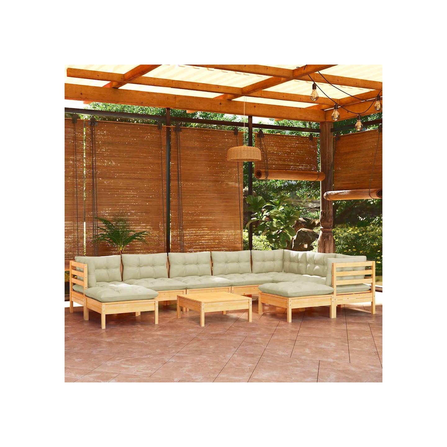Salon de jardin 10 pcs avec coussins crème bois de pin massif