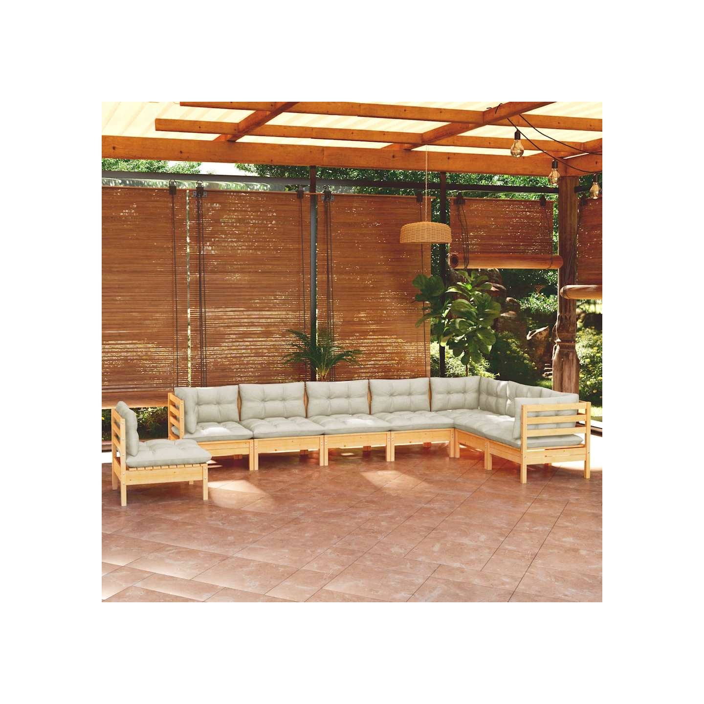Salon de jardin 8 pcs avec coussins crème Bois de pin massif