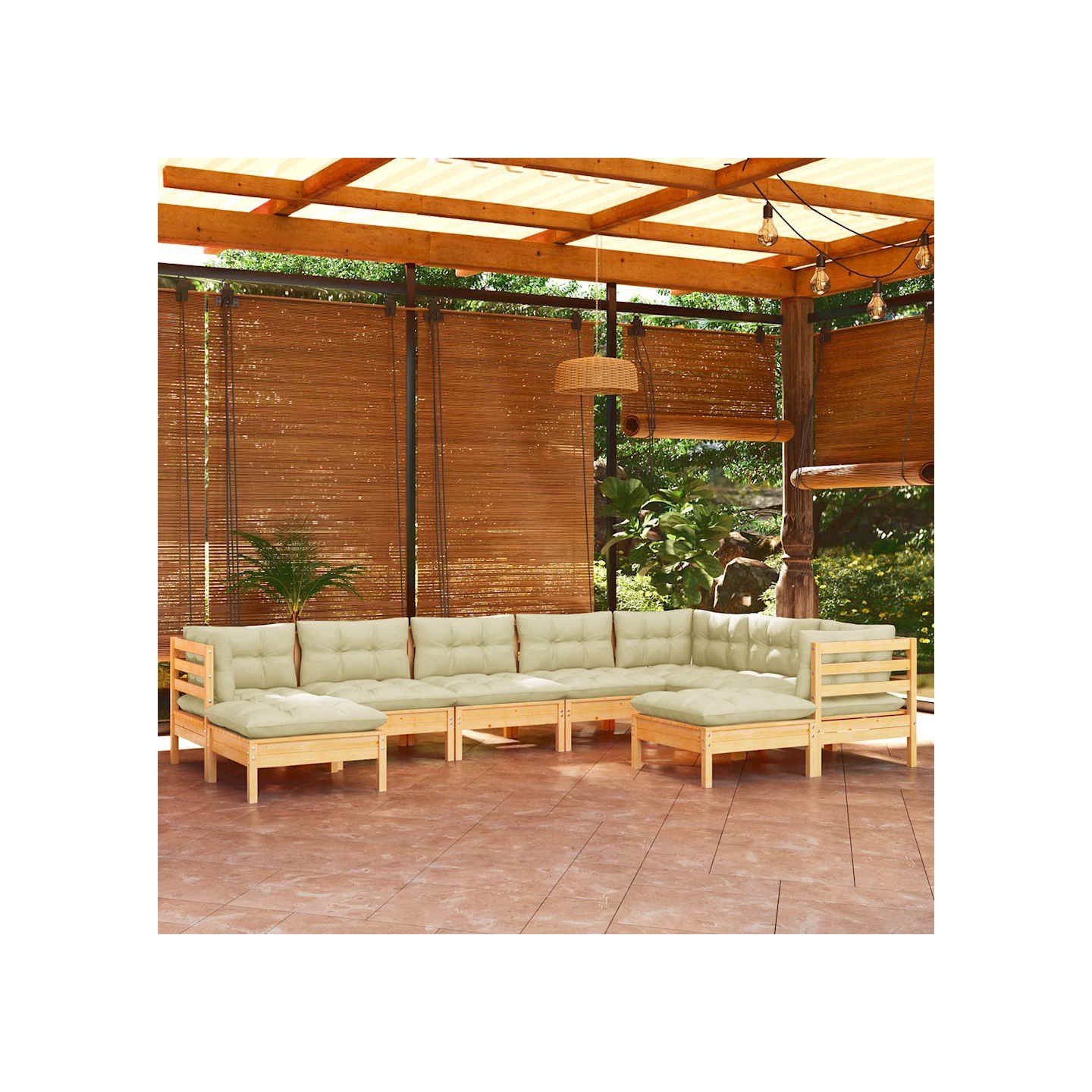 Salon de jardin 9 pcs avec coussins crème bois de pin massif