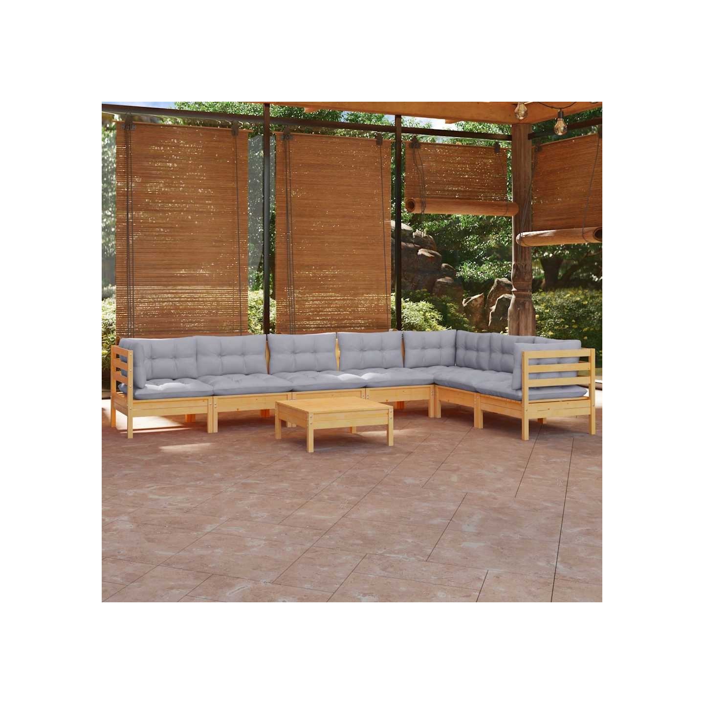 Salon de jardin 8 pcs avec coussins gris Bois de pin massif