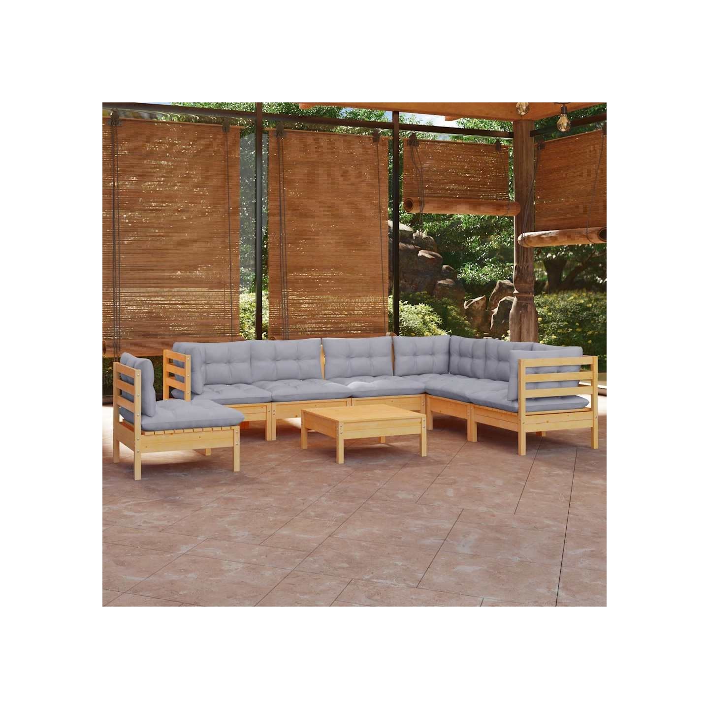 Salon de jardin 8 pcs avec coussins gris Bois de pin massif
