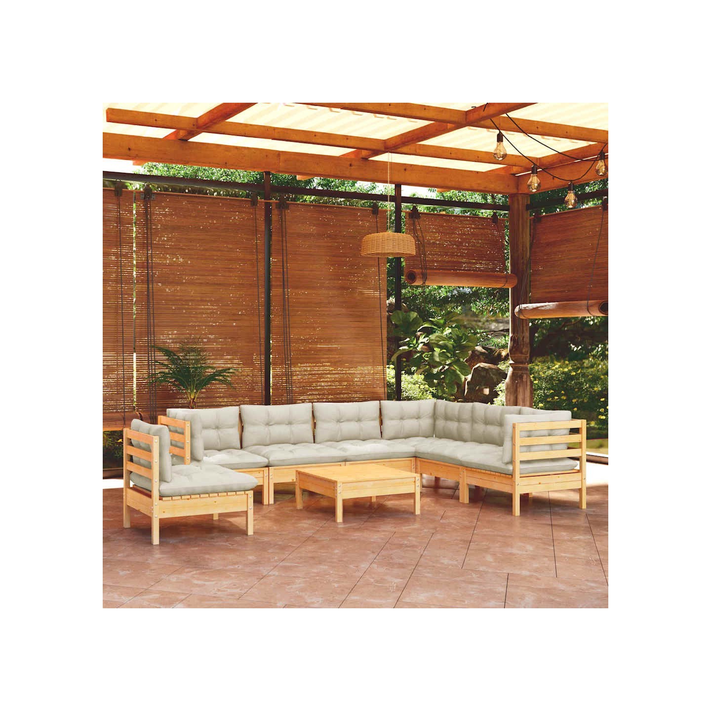 Salon de jardin 8 pcs avec coussins crème Bois de pin massif