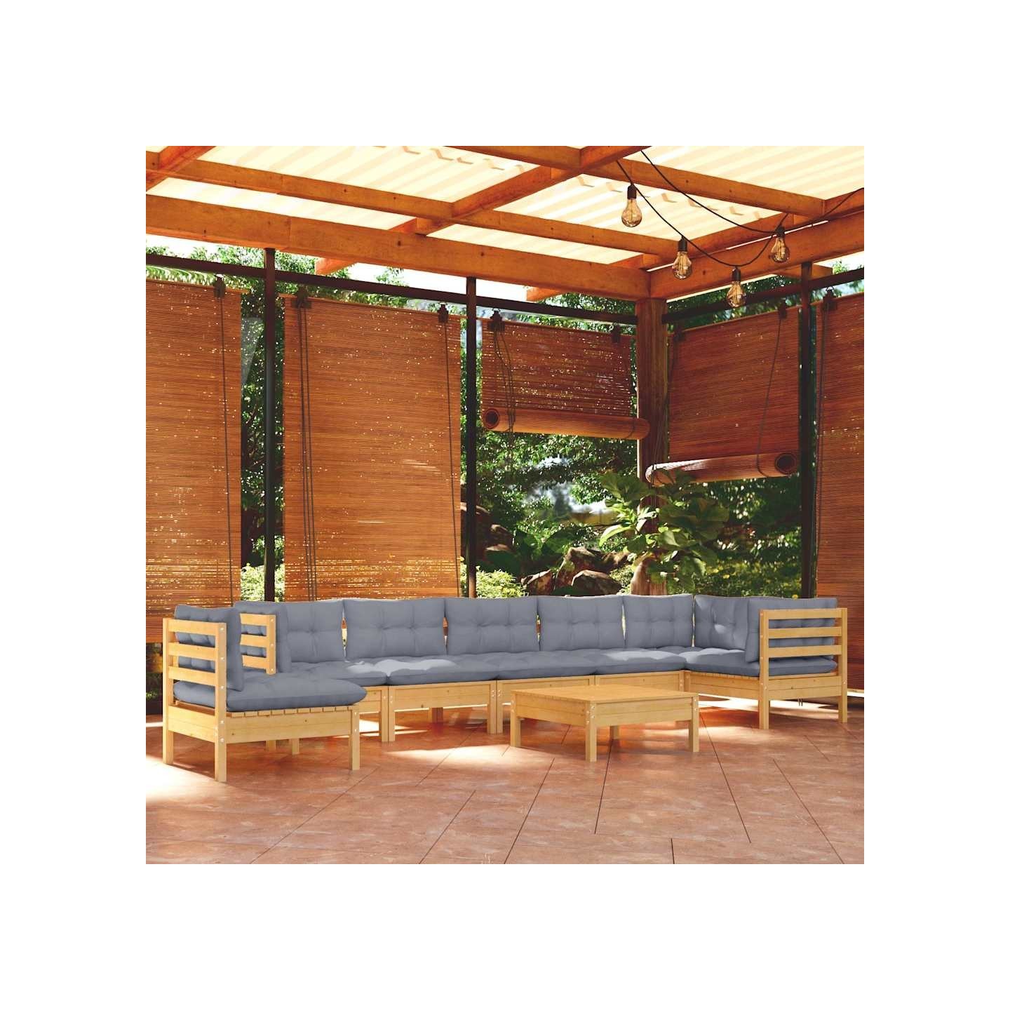 Salon de jardin 9 pcs avec coussins gris bois de pin massif